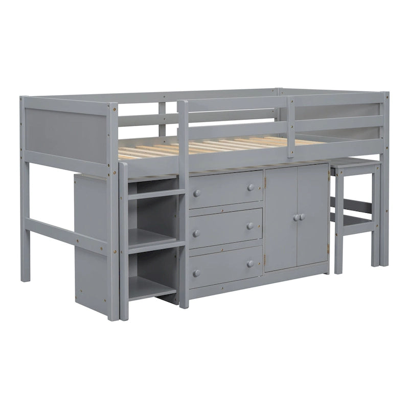 Twin Size Wood Low Loft Bed With Pull-Out Desk, Drawers, Cabinet & Shelves