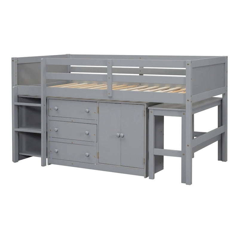 Twin Size Wood Low Loft Bed With Pull-Out Desk, Drawers, Cabinet & Shelves