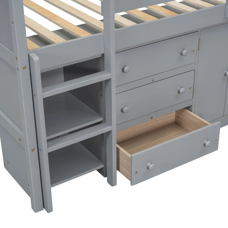 Twin Size Wood Low Loft Bed With Pull-Out Desk, Drawers, Cabinet & Shelves
