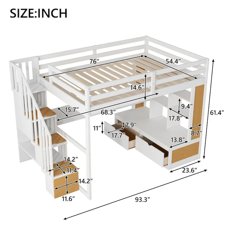 Natural+White Full Size Solid Wood Loft Bed with Desk and Shelves, Two Built-in Drawers, Storage Staircase