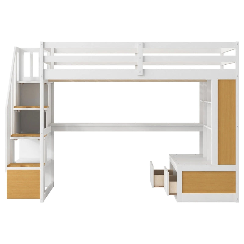 Natural+White Full Size Solid Wood Loft Bed with Desk and Shelves, Two Built-in Drawers, Storage Staircase
