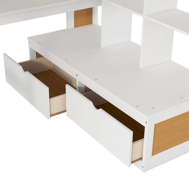 Natural+White Full Size Solid Wood Loft Bed with Desk and Shelves, Two Built-in Drawers, Storage Staircase