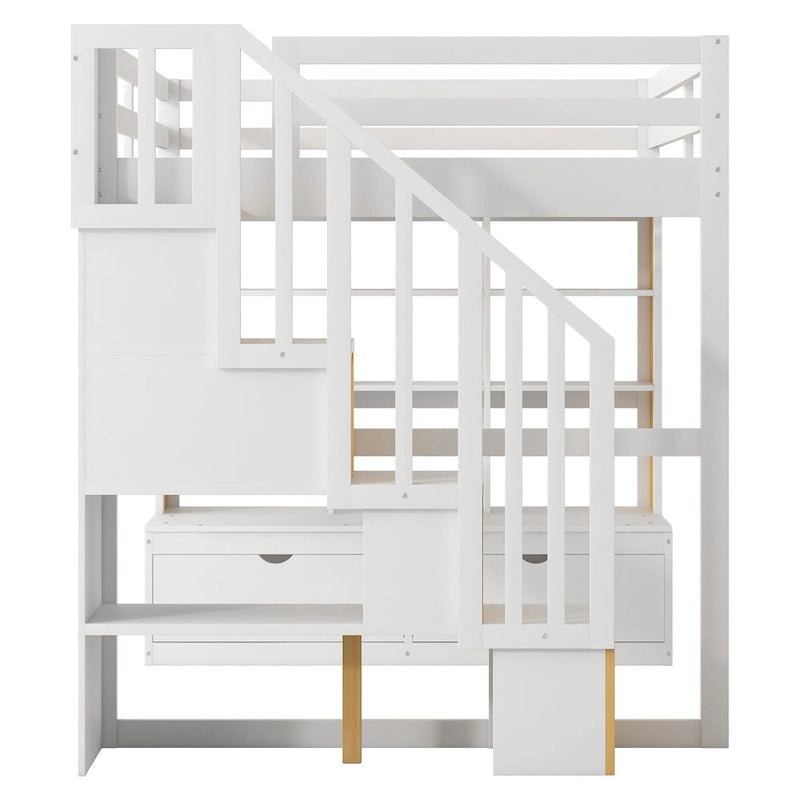 Natural+White Full Size Solid Wood Loft Bed with Desk and Shelves, Two Built-in Drawers, Storage Staircase