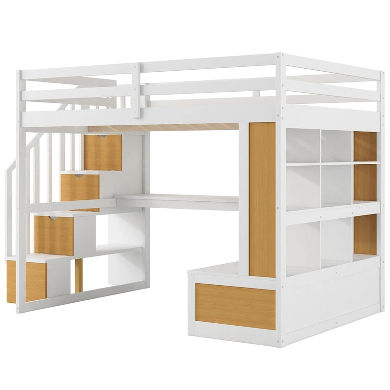 Natural+White Full Size Solid Wood Loft Bed with Desk and Shelves, Two Built-in Drawers, Storage Staircase