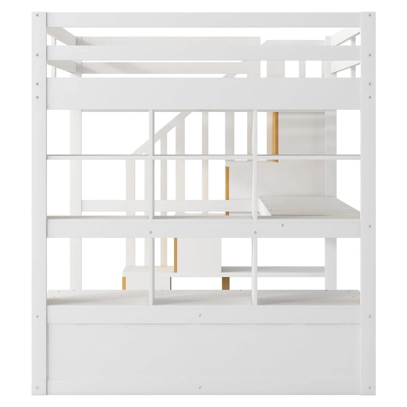 Natural+White Full Size Solid Wood Loft Bed with Desk and Shelves, Two Built-in Drawers, Storage Staircase