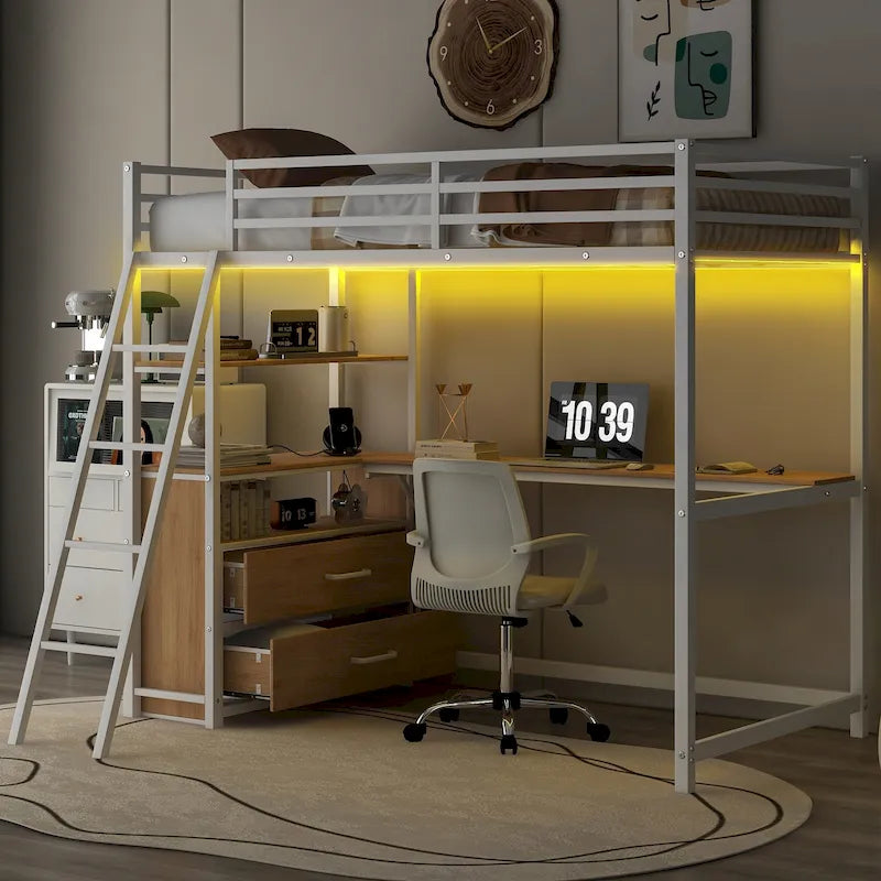 Oak Natural Wood + Antique White Twin Size Metal Wood Loft Bed with Desk, Drawers, and USB