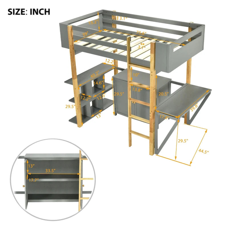 Lit mezzanine gris en bois massif pour jumeaux avec armoire de rangement et bureau