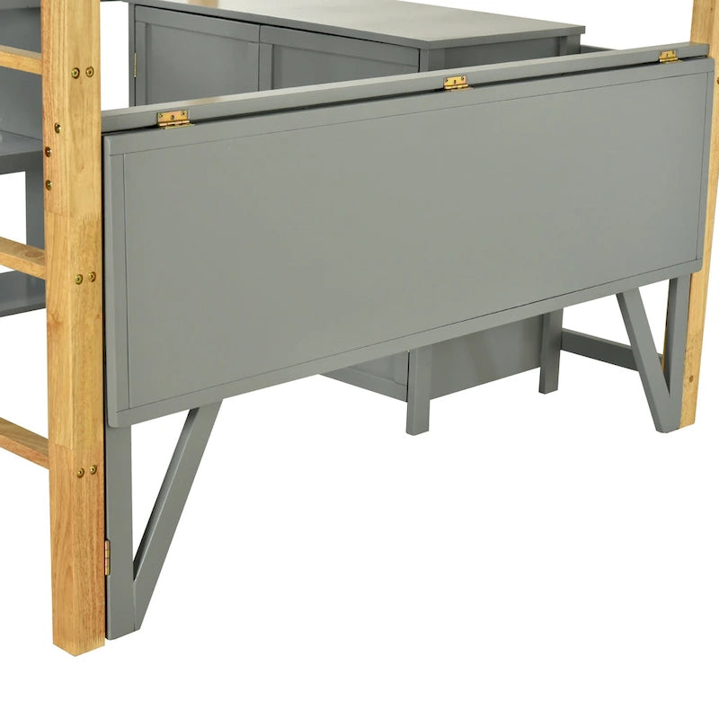 Lit mezzanine gris en bois massif pour jumeaux avec armoire de rangement et bureau