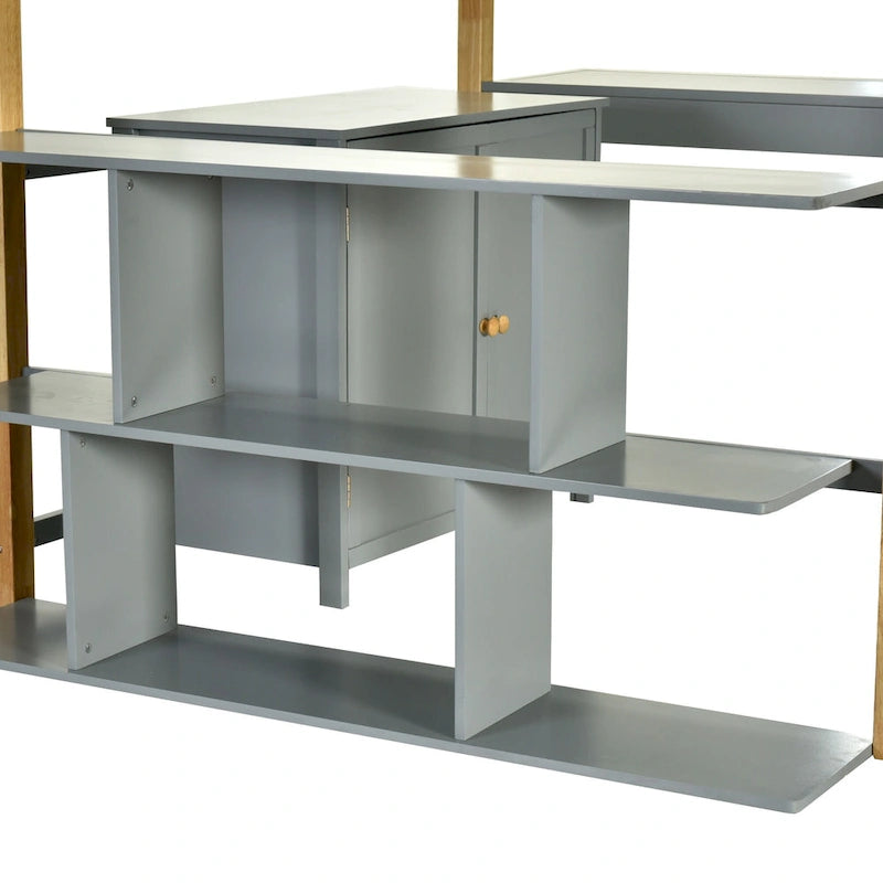 Lit mezzanine gris en bois massif pour jumeaux avec armoire de rangement et bureau