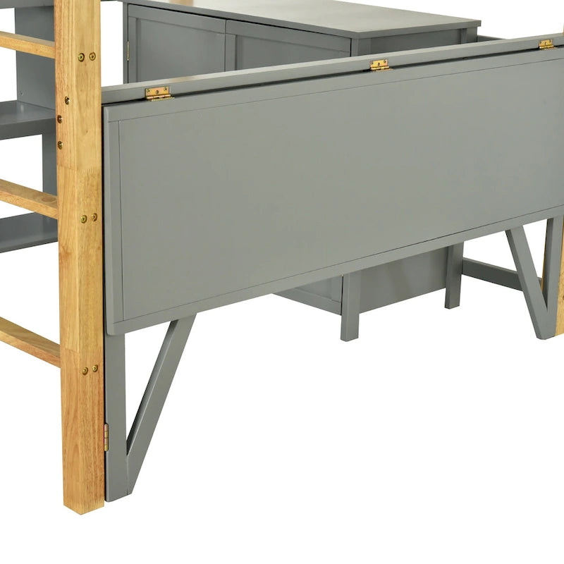 Lit mezzanine gris en bois massif pour jumeaux avec armoire de rangement et bureau