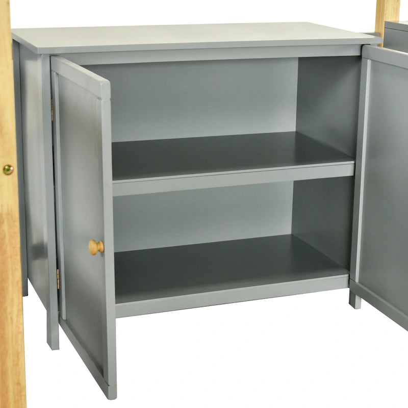 Lit mezzanine gris en bois massif pour jumeaux avec armoire de rangement et bureau