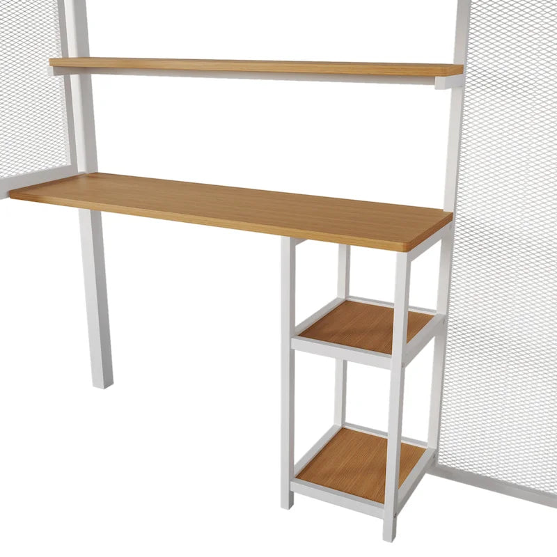 Lit mezzanine en métal blanc grandeur nature avec armoire, bureau et étagères de rangement
