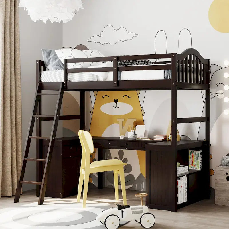 Twin Wooden Loft Bed with Desk and Shelves