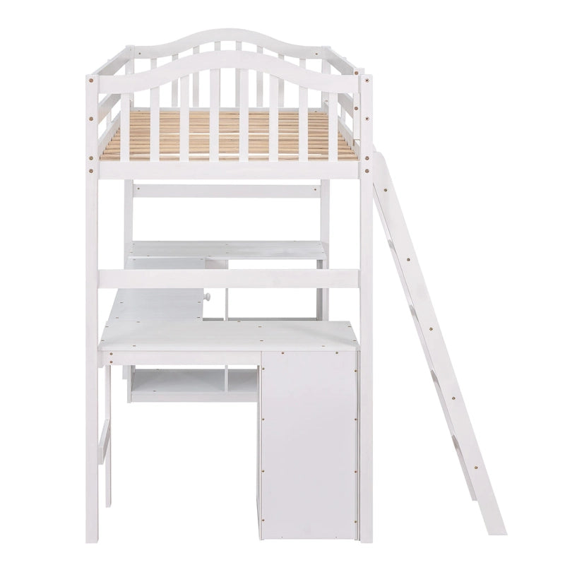 Twin Wooden Loft Bed with Desk and Shelves