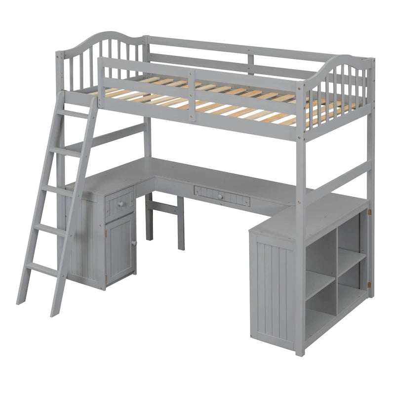 Twin Wooden Loft Bed with Desk and Shelves