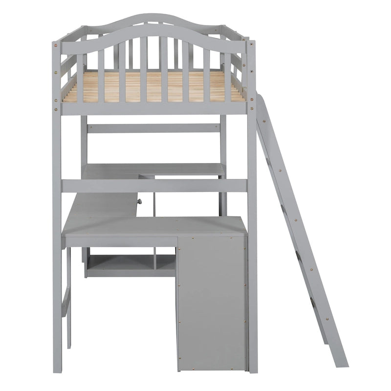 Twin Wooden Loft Bed with Desk and Shelves