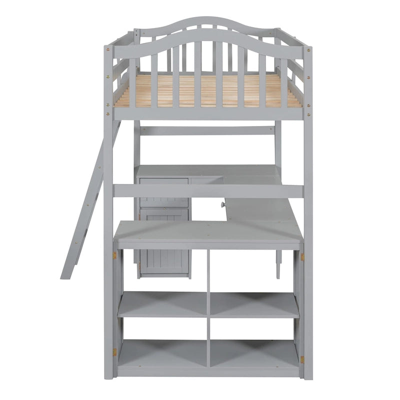 Twin Wooden Loft Bed with Desk and Shelves