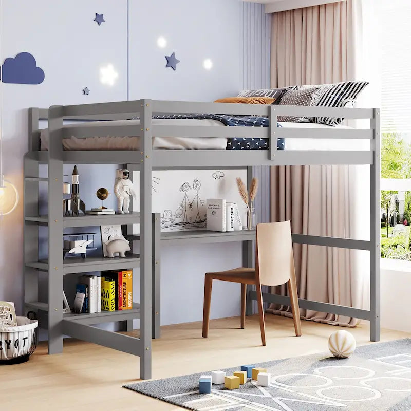 Full Wooden Loft Bed with Shelves and Desk