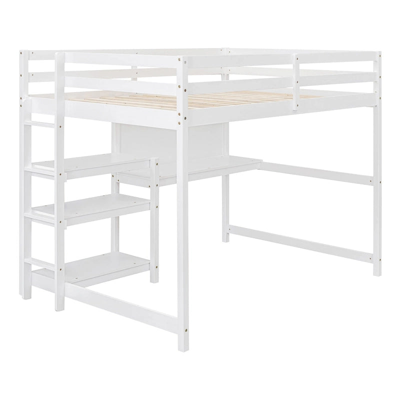 Full Wooden Loft Bed with Shelves and Desk