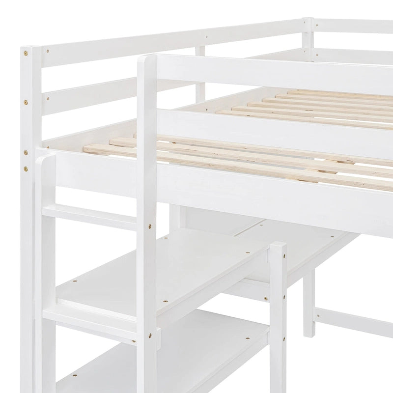 Full Wooden Loft Bed with Shelves and Desk