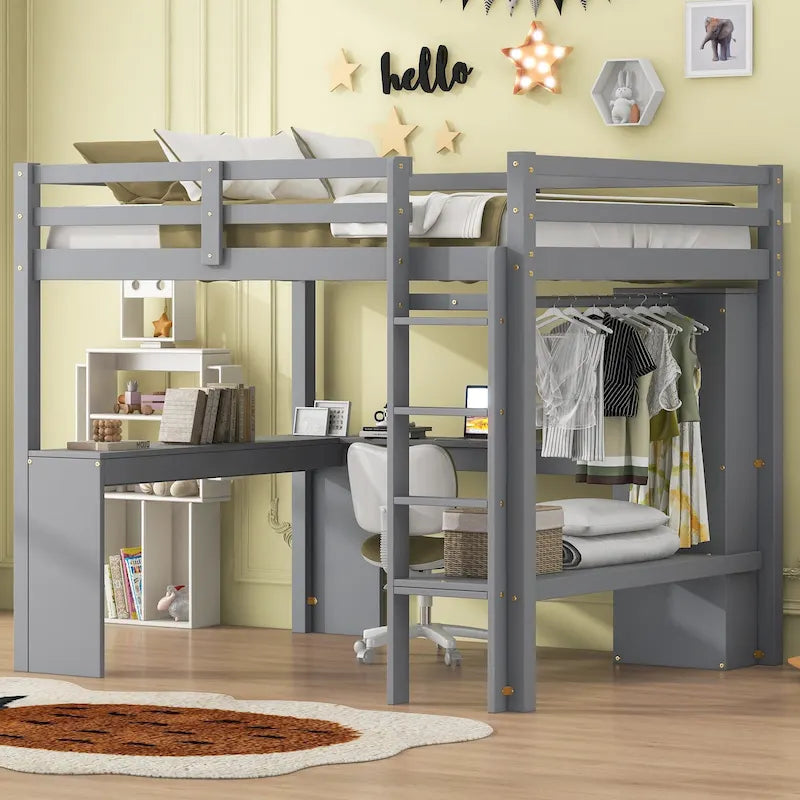 Lit mezzanine en bois massif avec bureau en L et rangements