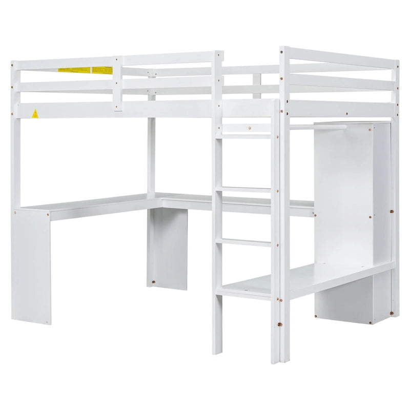Lit mezzanine en bois massif avec bureau en L et rangements