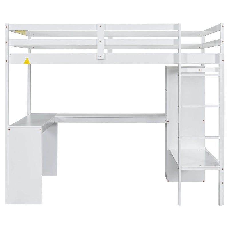 Solid Wood Loft Bed with L-shaped Desk & Storage