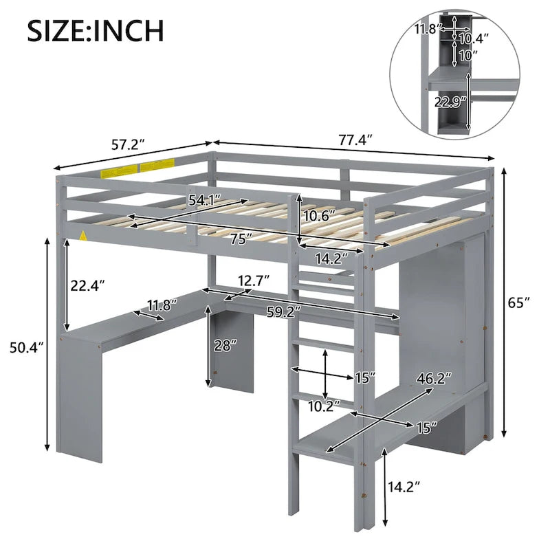 Lit mezzanine en bois massif avec bureau en L et rangements