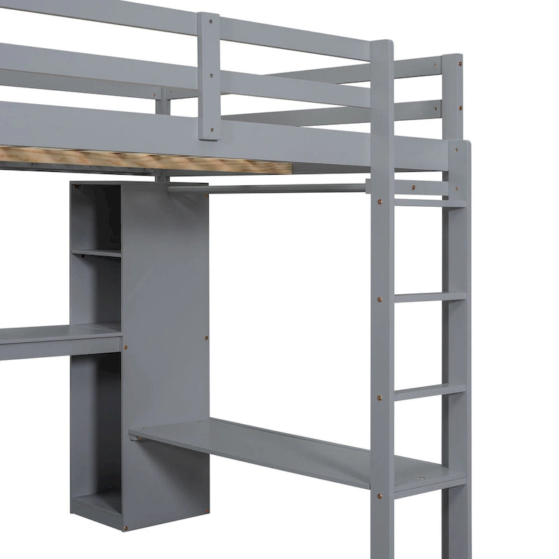 Lit mezzanine en bois massif avec bureau en L et rangements