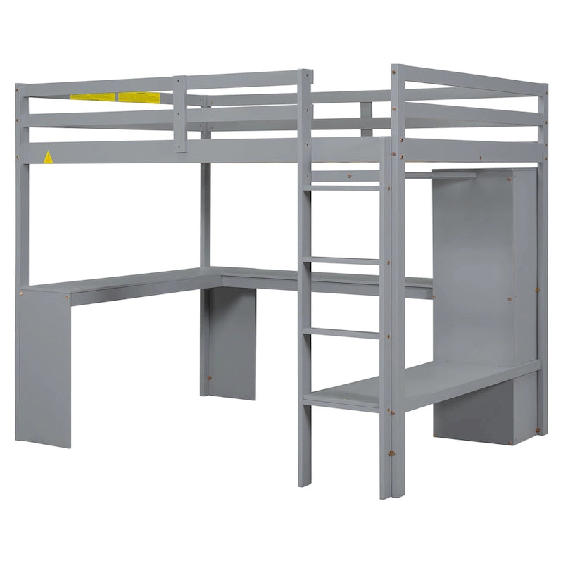 Lit mezzanine en bois massif avec bureau en L et rangements