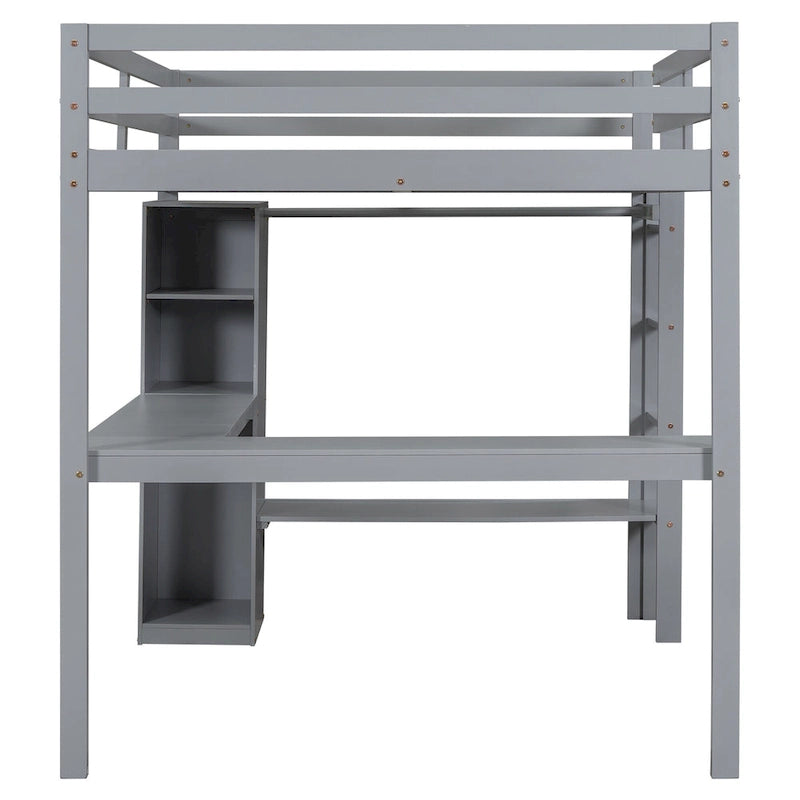 Lit mezzanine en bois massif avec bureau en L et rangements