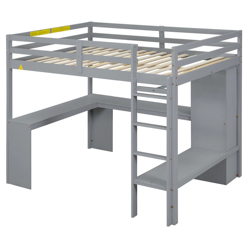 Lit mezzanine en bois massif avec bureau en L et rangements