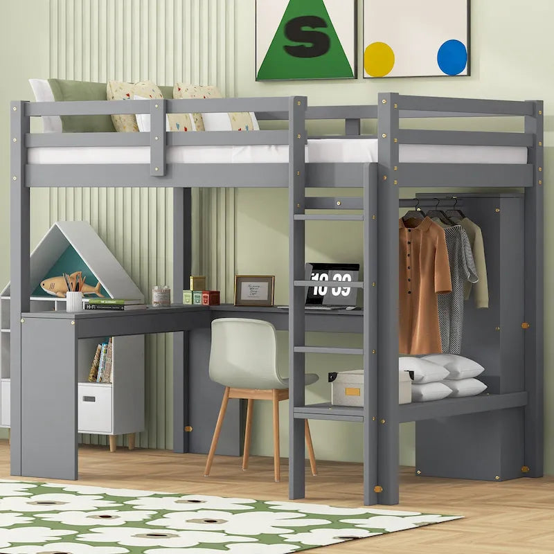 Lit mezzanine en bois massif avec bureau en L et rangements