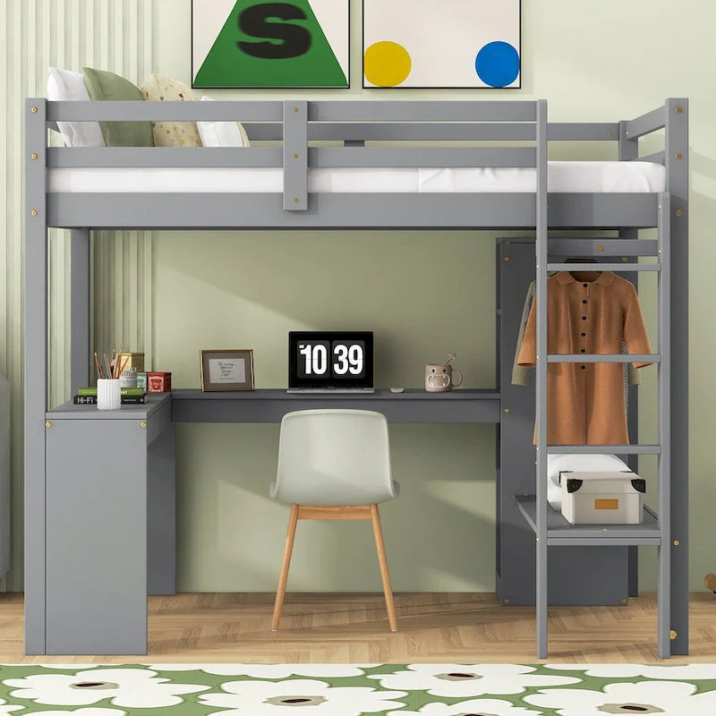 Lit mezzanine en bois massif avec bureau en L et rangements