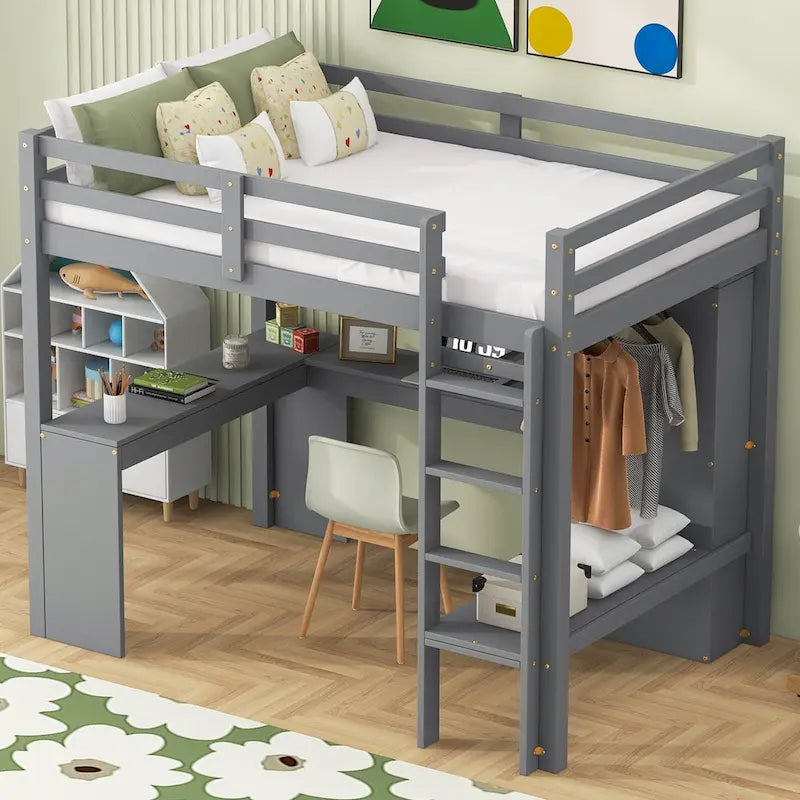 Lit mezzanine en bois massif avec bureau en L et rangements