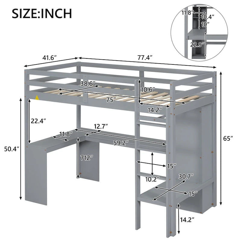 Lit mezzanine en bois massif avec bureau en L et rangements