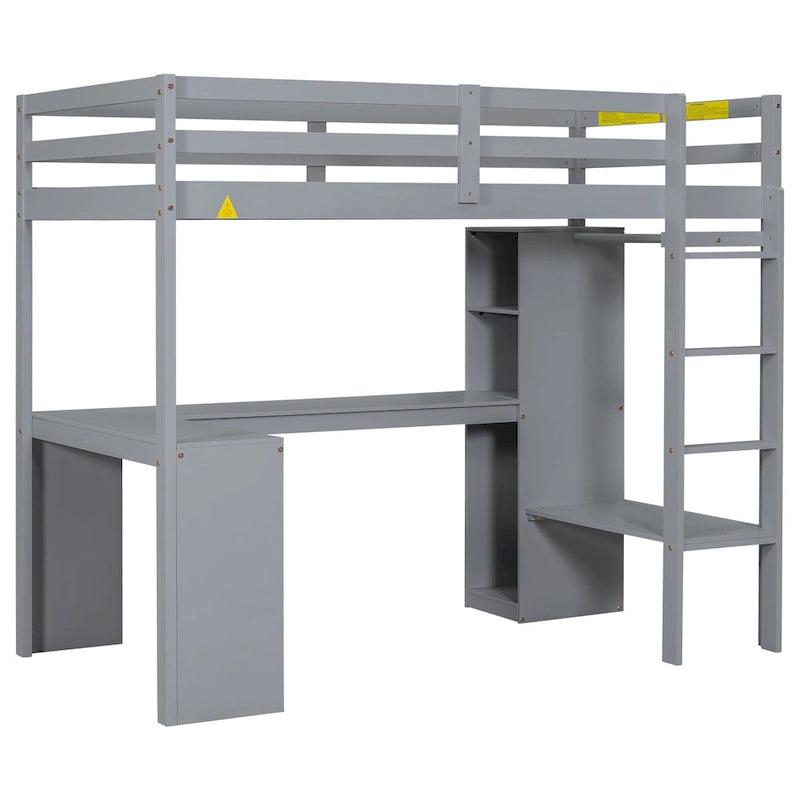 Lit mezzanine en bois massif avec bureau en L et rangements