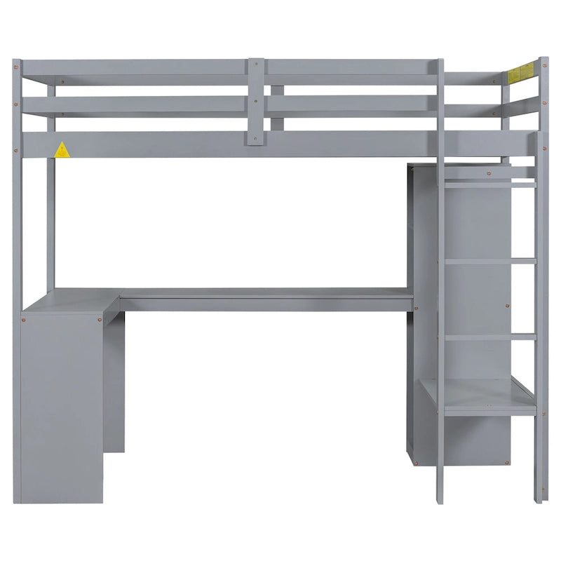 Lit mezzanine en bois massif avec bureau en L et rangements