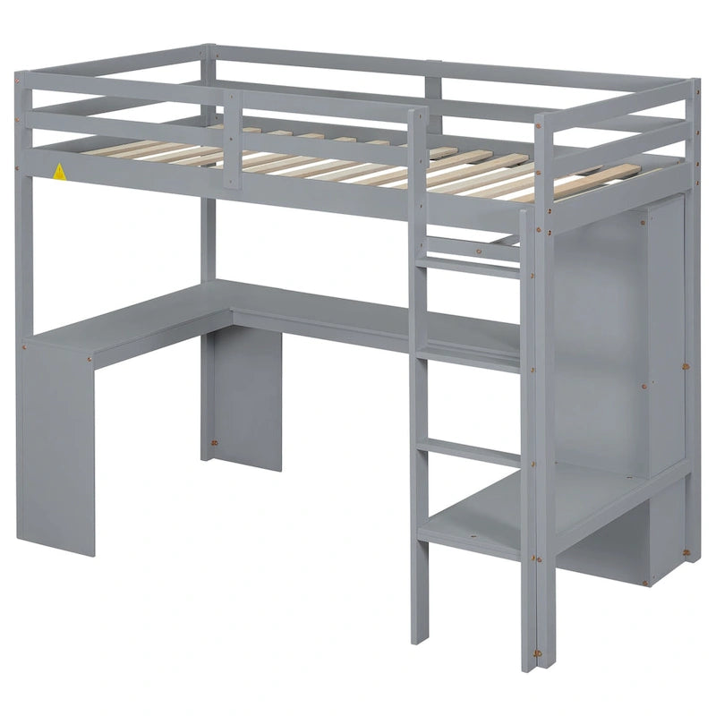 Lit mezzanine en bois massif avec bureau en L et rangements