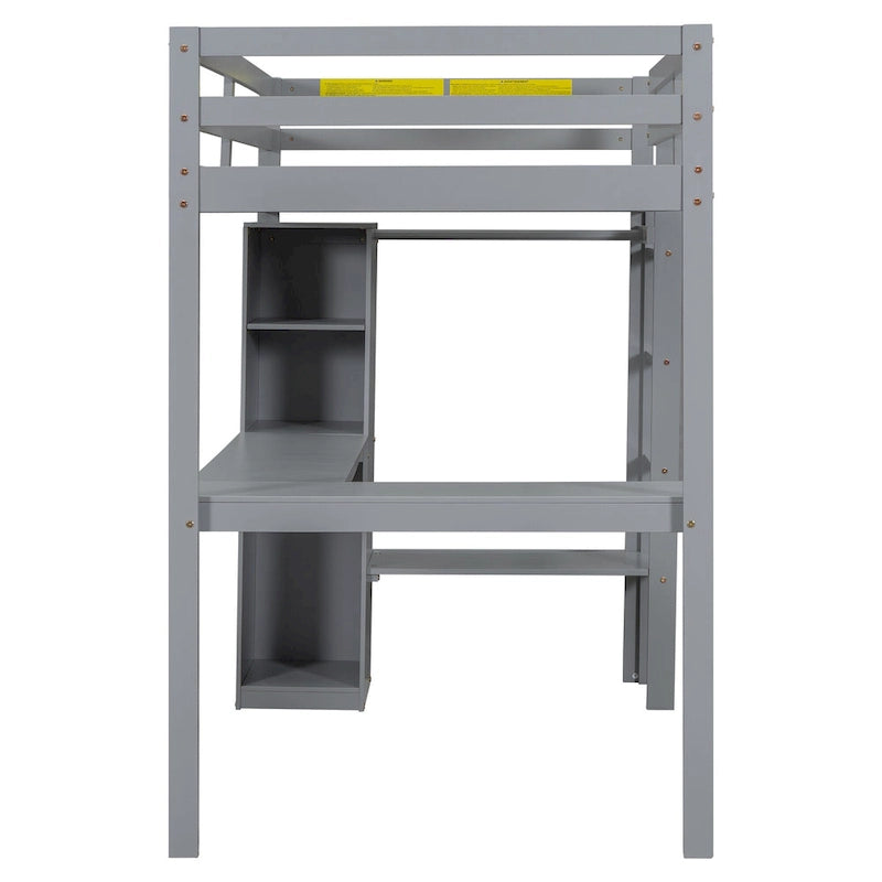 Lit mezzanine en bois massif avec bureau en L et rangements