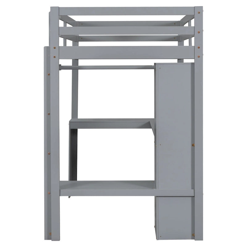 Lit mezzanine en bois massif avec bureau en L et rangements