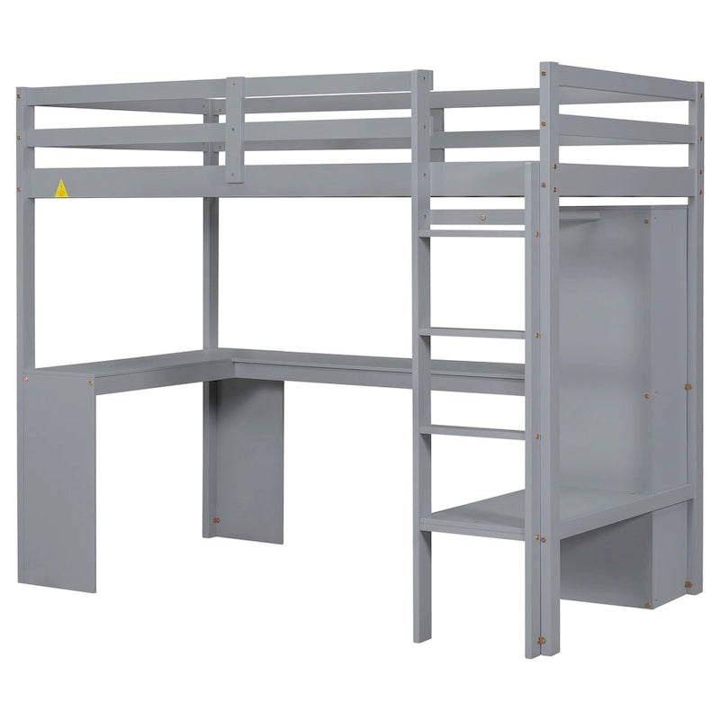 Lit mezzanine en bois massif avec bureau en L et rangements