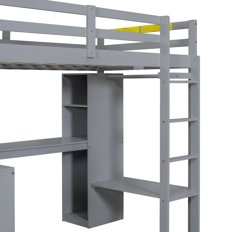 Lit mezzanine en bois massif avec bureau en L et rangements