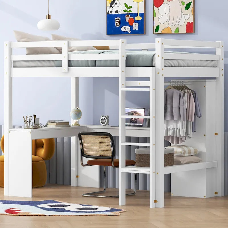Lit mezzanine en bois massif avec bureau en L et rangements