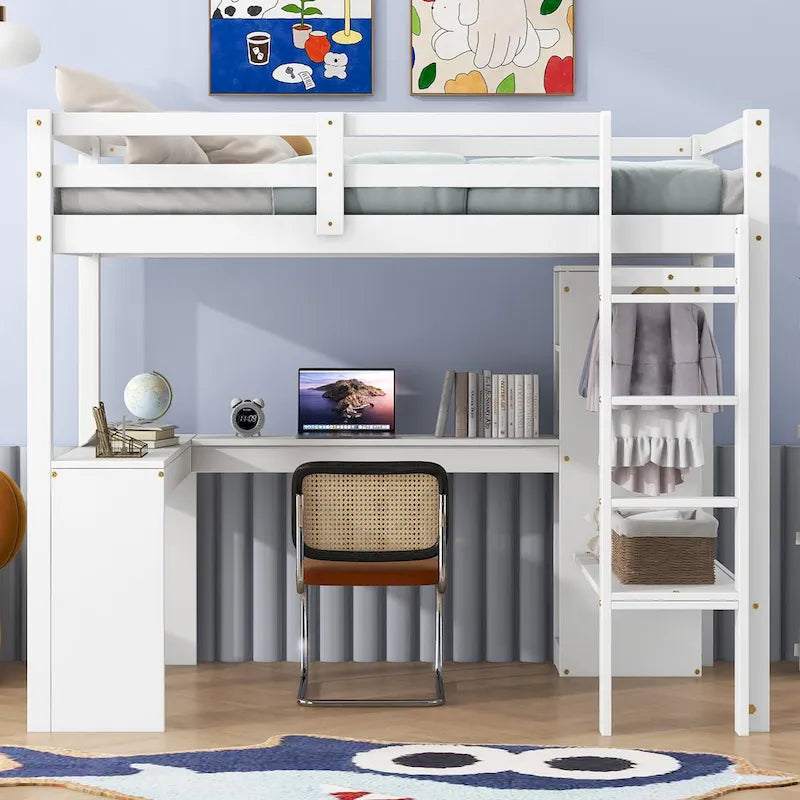 Lit mezzanine en bois massif avec bureau en L et rangements