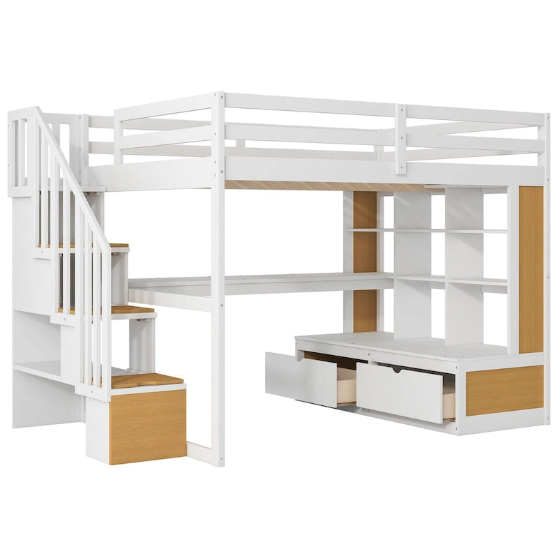 Natural+White Full Solid Wood Loft Bed with Desk & Drawers