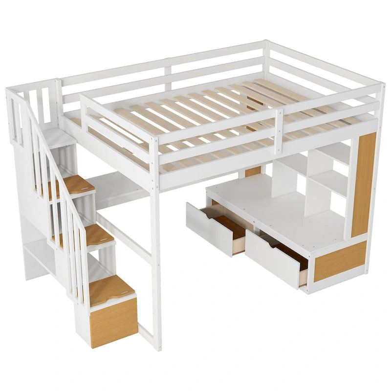 Natural+White Full Solid Wood Loft Bed with Desk & Drawers