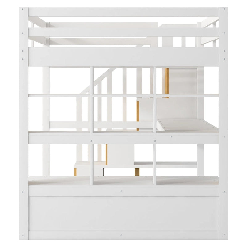 Natural+White Full Solid Wood Loft Bed with Desk & Drawers