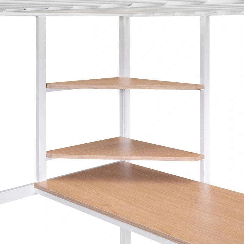 White Full Size Metal Loft Bed with Desk, Ladder, and Shelf for Kids