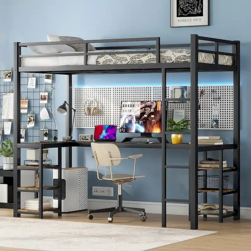 Metal Loft Bed with Desk & Shelves
